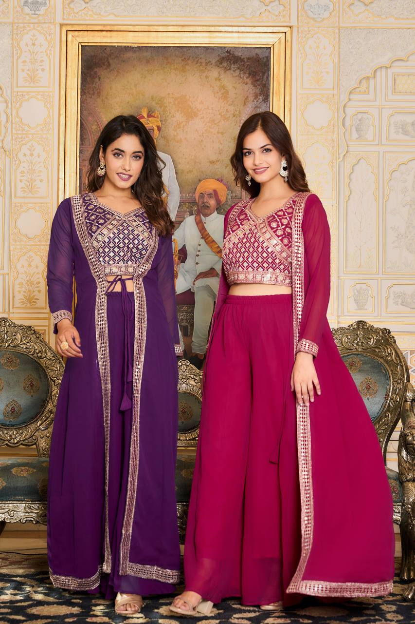 Festival Shrug & Plazzo Set with Choli - Maroon Color