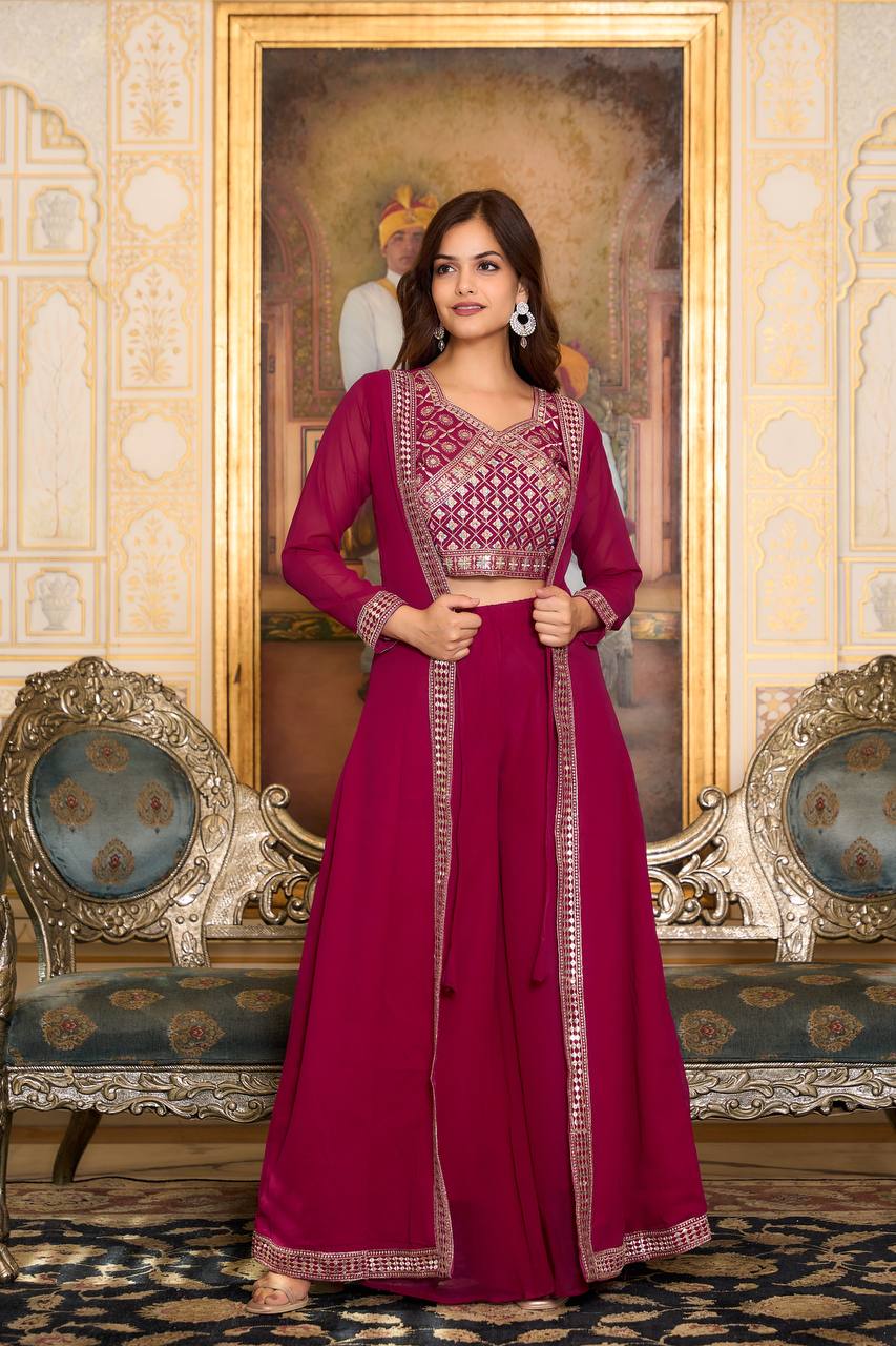 Festival Shrug & Plazzo Set with Choli - Maroon Color