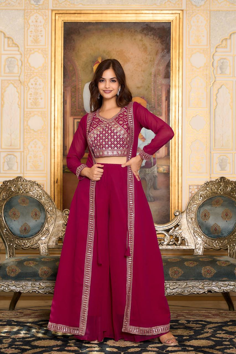 Festival Shrug & Plazzo Set with Choli - Maroon Color