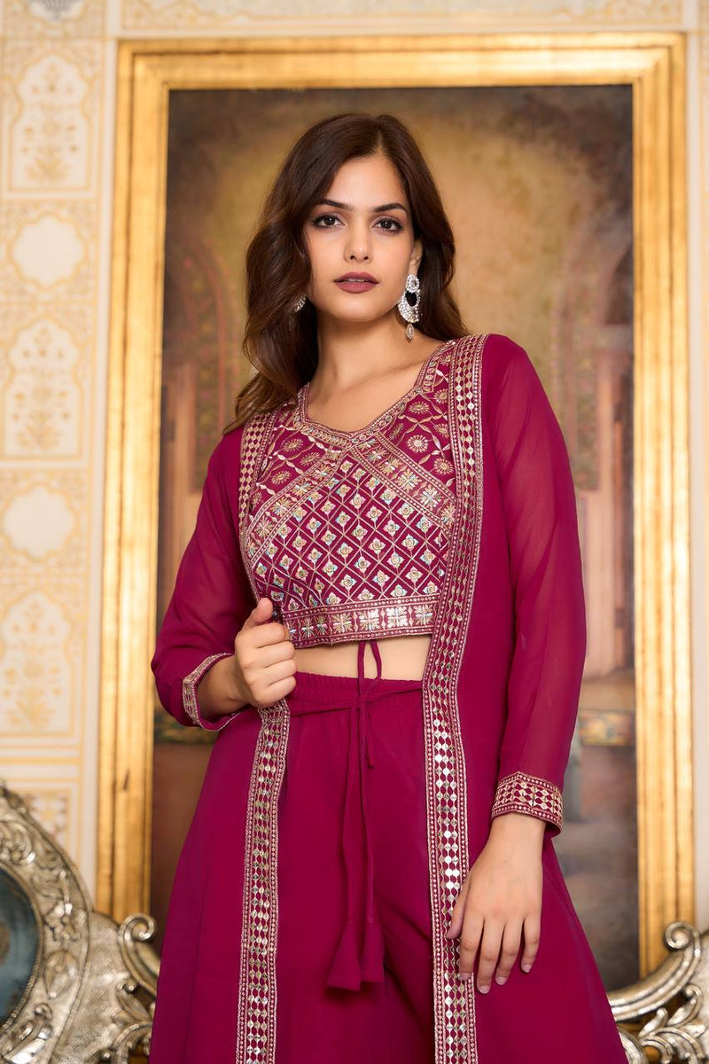 Festival Shrug & Plazzo Set with Choli - Maroon Color