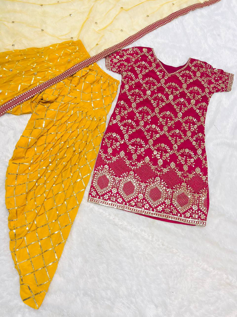 Pink Top & Yellow Patiala Bottom Set - Pure Vichitra Silk Heavy Embroidery