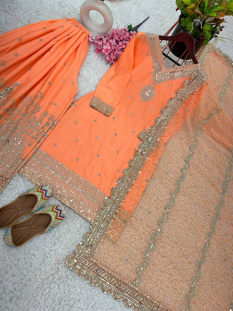 Orange Designer Sharara Set in Heavy Chinon with Digital Print