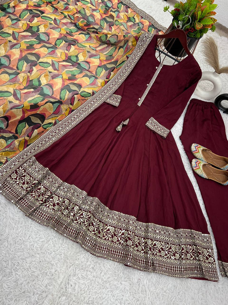 Maroon Designer Party Wear Gown with Dupatta