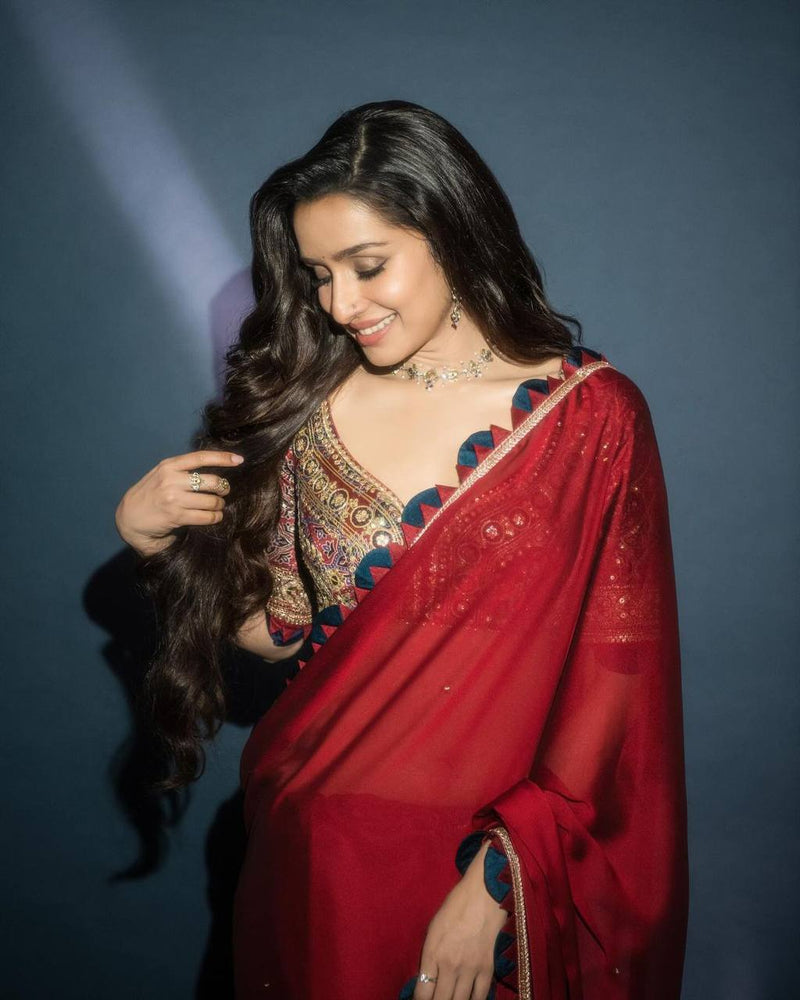 Celebrity-Inspired Blooming Rangoli Saree with Pearl Moti Work & Embroidered Silk Blouse