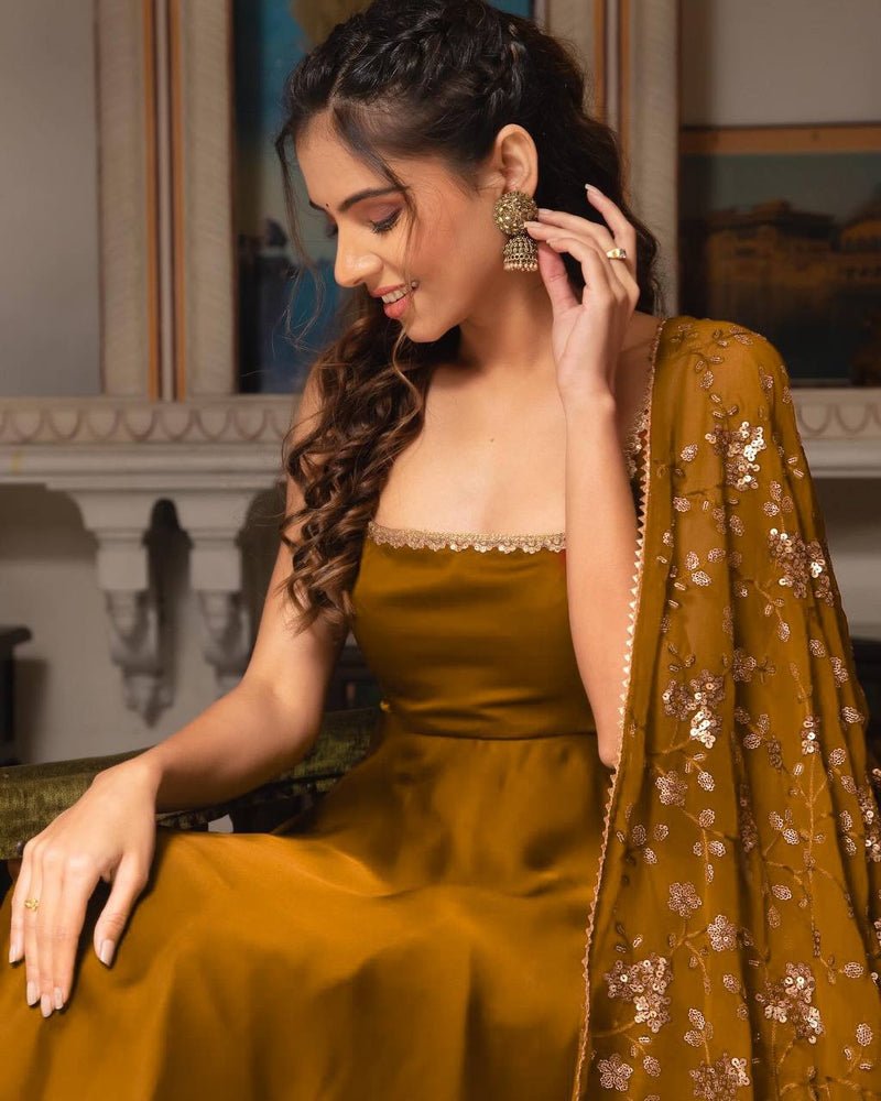 Mustard Designer Party Wear Gown Set for Women