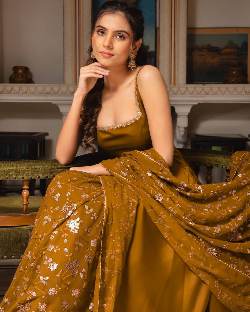 Mustard Designer Party Wear Gown Set for Women