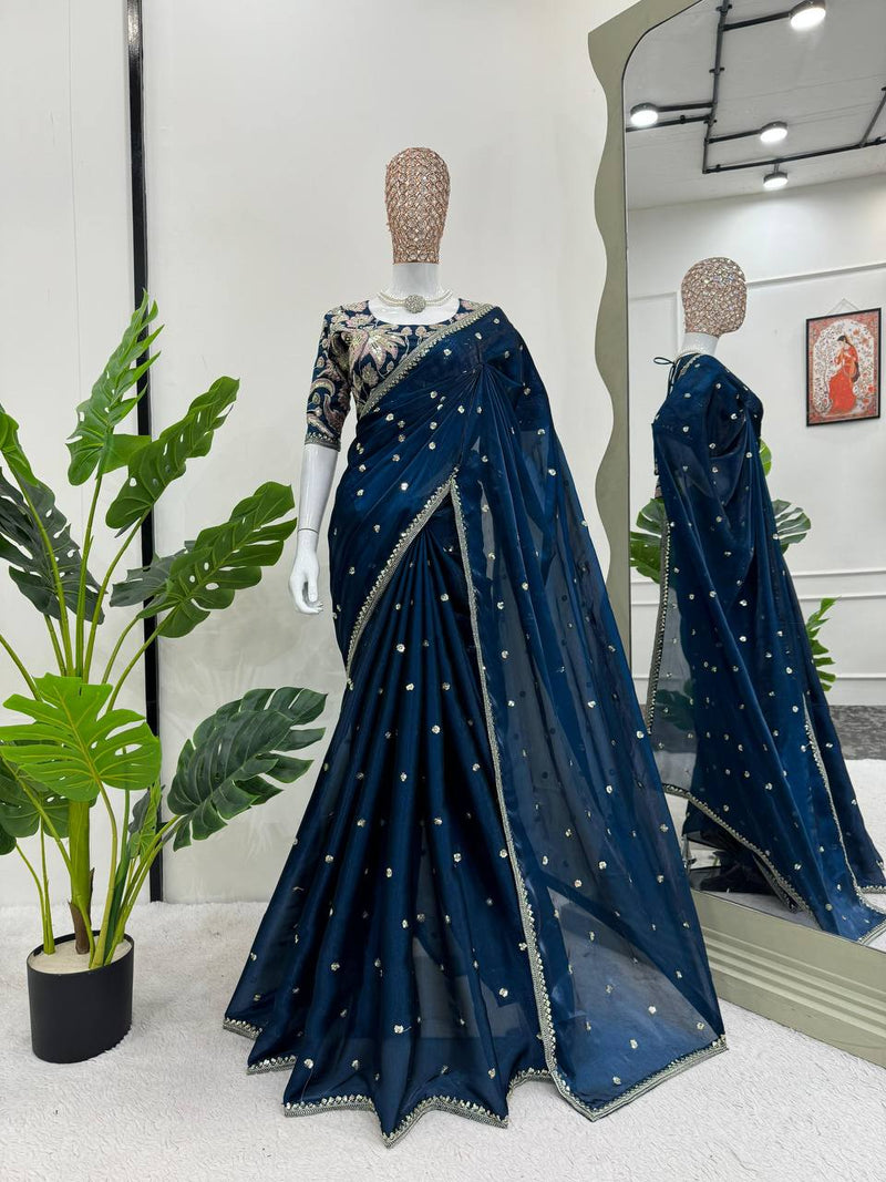 Glamorous Designer Saree in Jimmy Chu Fabric with Thread & Sequin Work