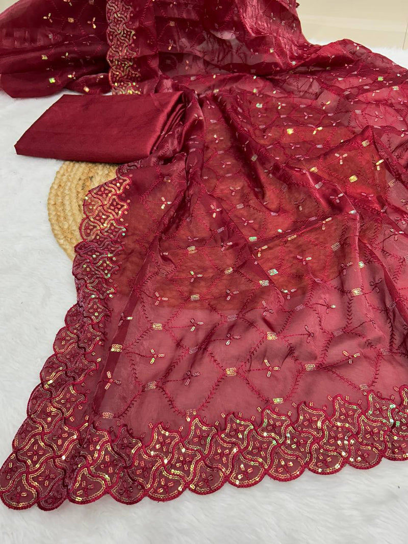 Designer Embroidered Geemichu Silk Saree with Cutwork and Mono Diamond Silk Blouse