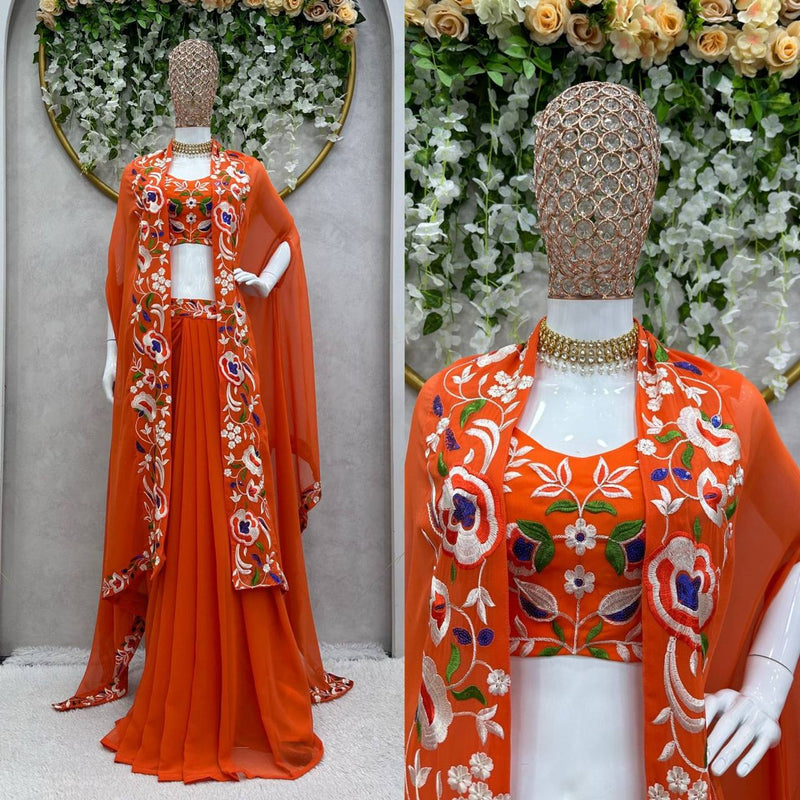 Stunning Orange 3-Piece Ensemble – Shrug, Choli & Western Dress | Free Size Up to 42 (XL)