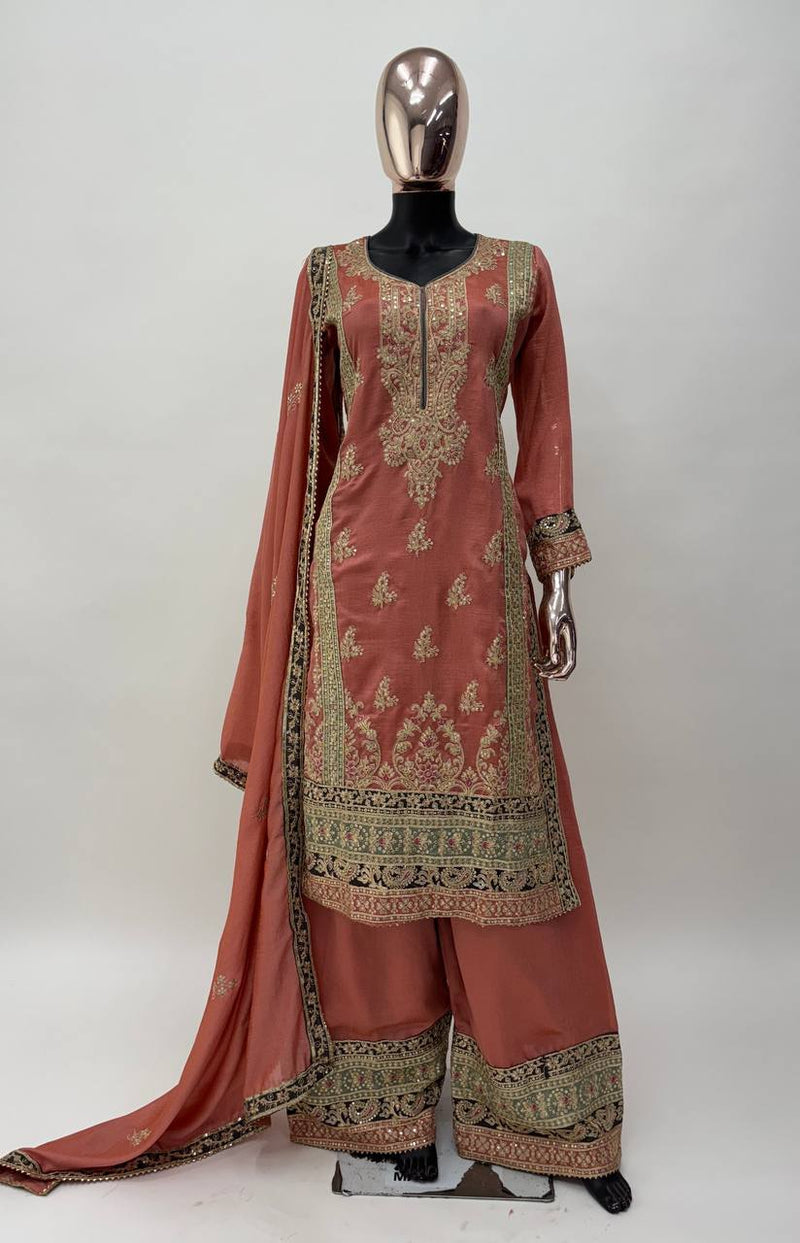 Elegant Chinon Embroidered Suit Set