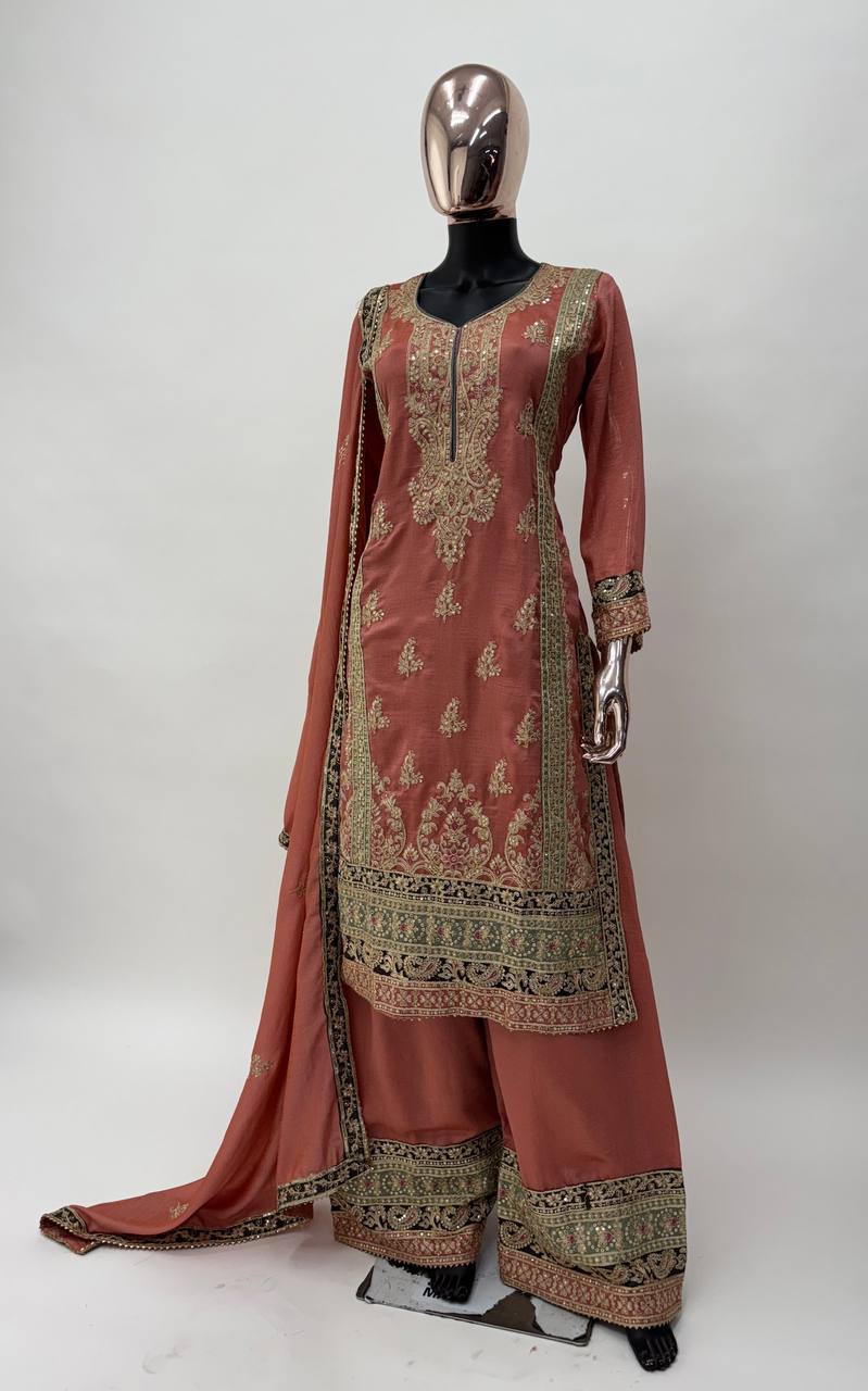 Elegant Chinon Embroidered Suit Set
