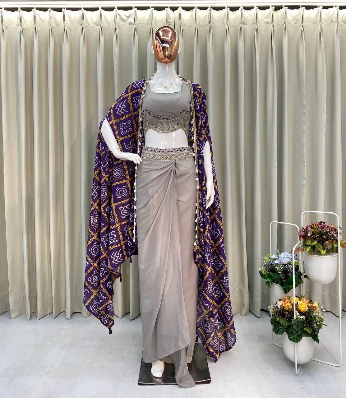 Designer Fancy Western-Style Printed Koti Set with Blouse & Dhoti Bottom