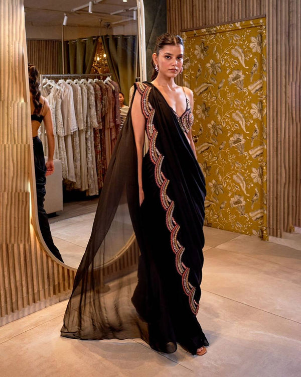 DESIGNER FAUX GEORGETTE SAREE WITH SHRUG & BLOUSE