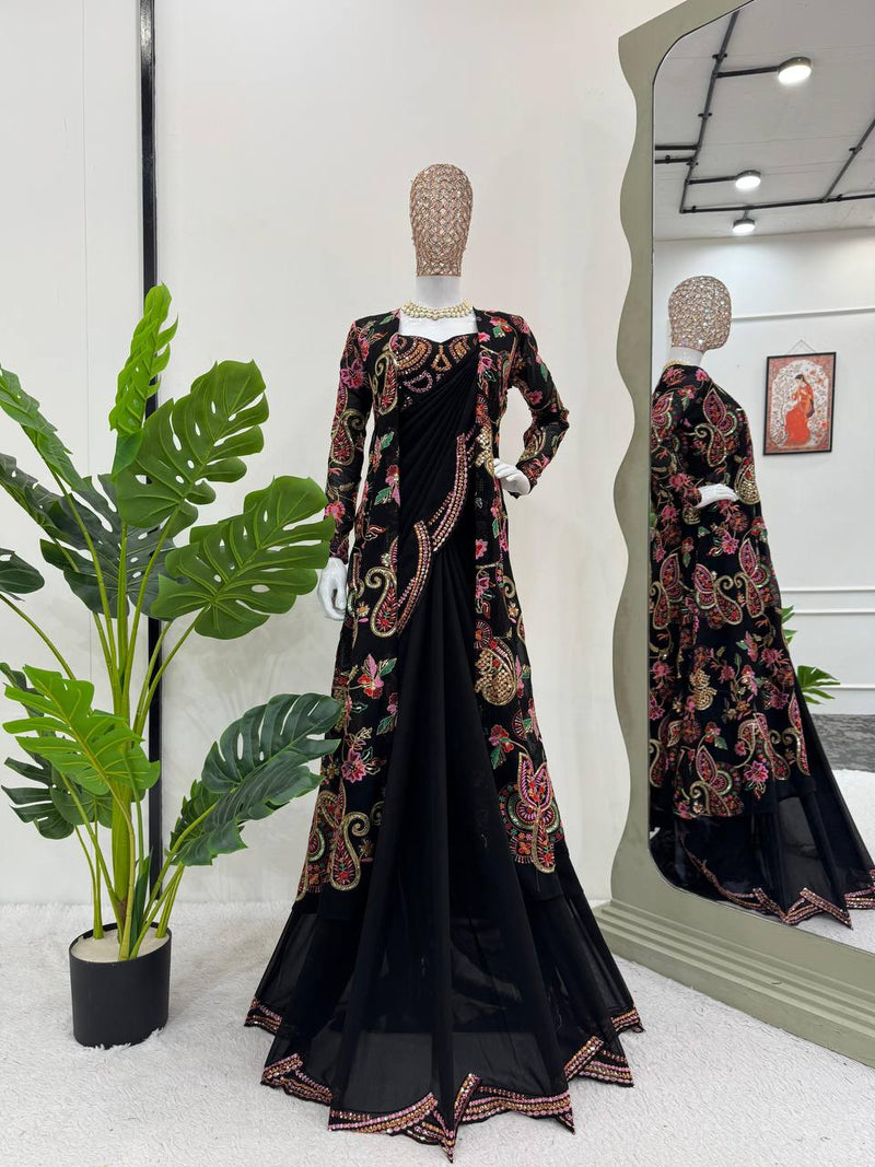 DESIGNER FAUX GEORGETTE SAREE WITH SHRUG & BLOUSE
