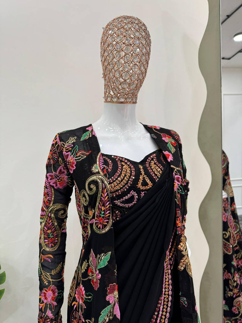 DESIGNER FAUX GEORGETTE SAREE WITH SHRUG & BLOUSE