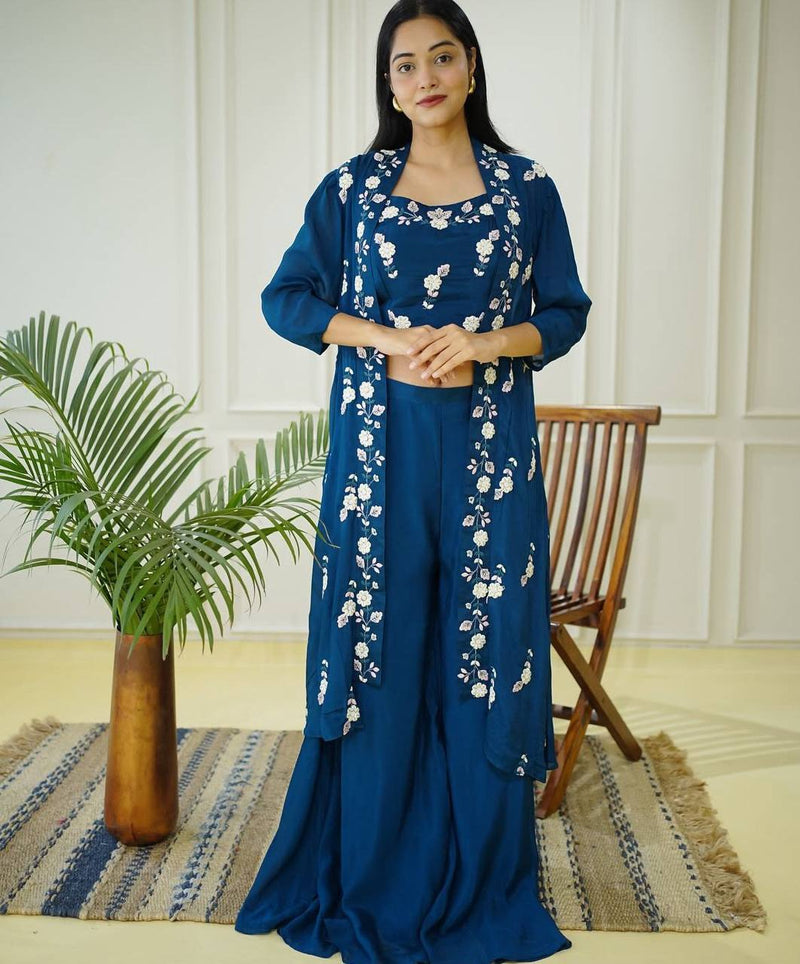 Elegant Designer Chinon Bustier, Plazo & Shrug Set