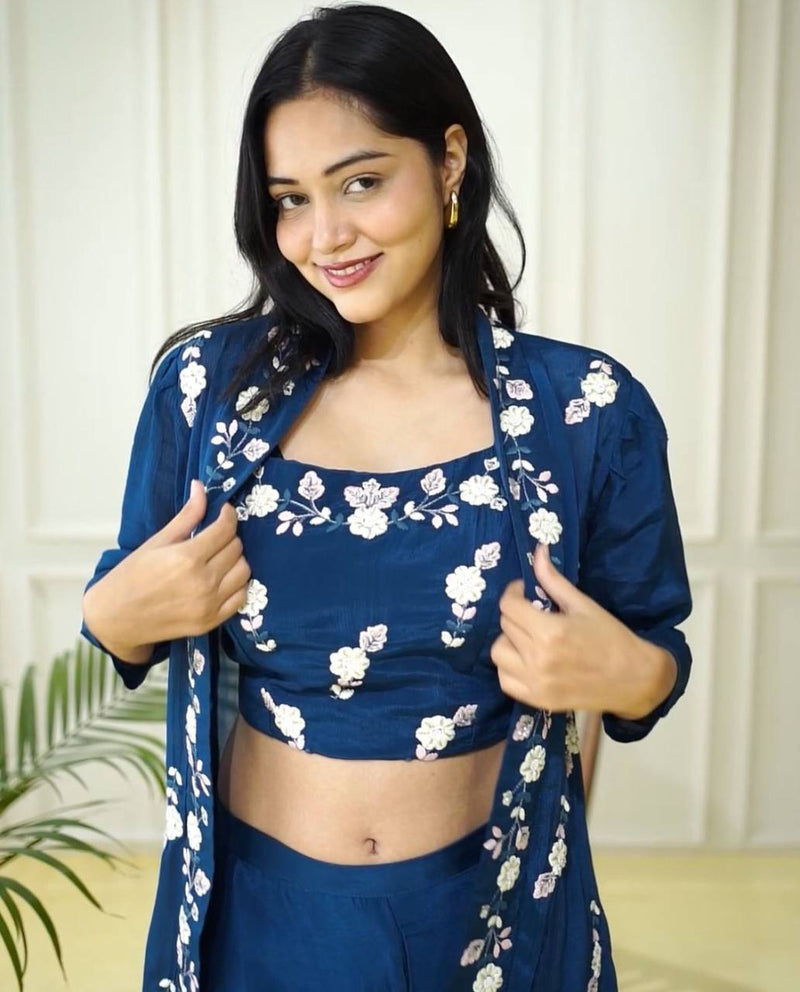 Elegant Designer Chinon Bustier, Plazo & Shrug Set
