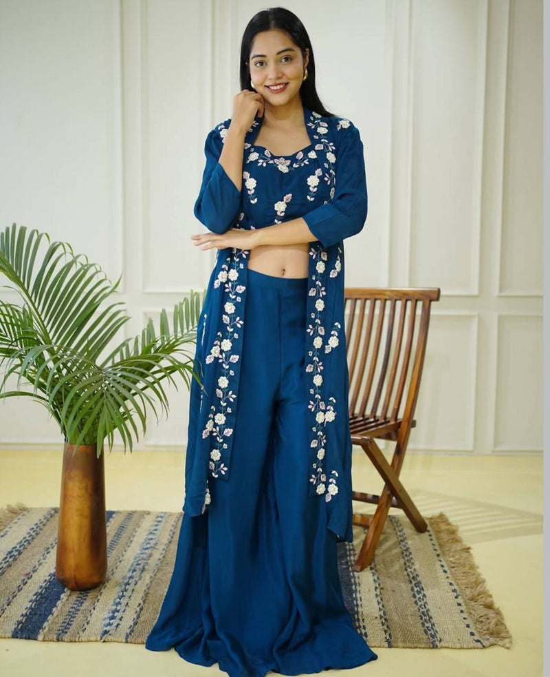 Elegant Designer Chinon Bustier, Plazo & Shrug Set