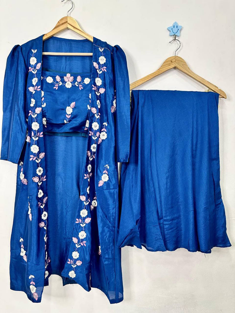 Elegant Designer Chinon Bustier, Plazo & Shrug Set