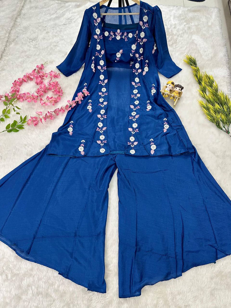 Elegant Designer Chinon Bustier, Plazo & Shrug Set