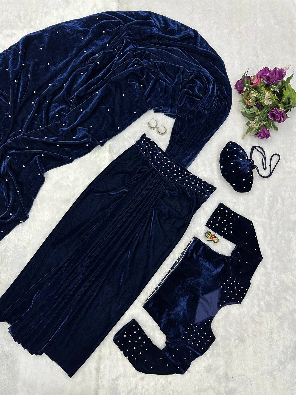 Velvet Pearl Drape Lehenga Saree – Premium Indo-Western Edition