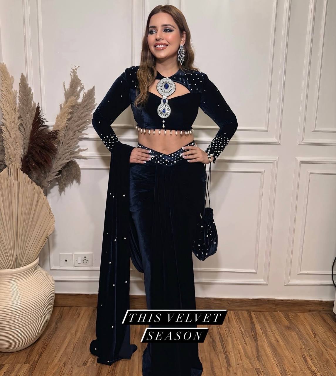 Velvet Pearl Drape Lehenga Saree – Premium Indo-Western Edition