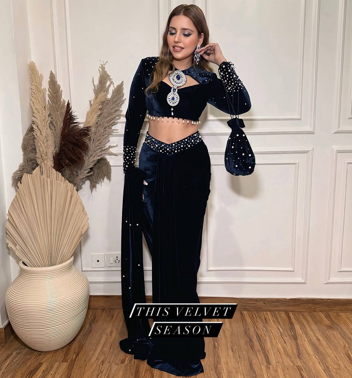 Velvet Pearl Drape Lehenga Saree – Premium Indo-Western Edition