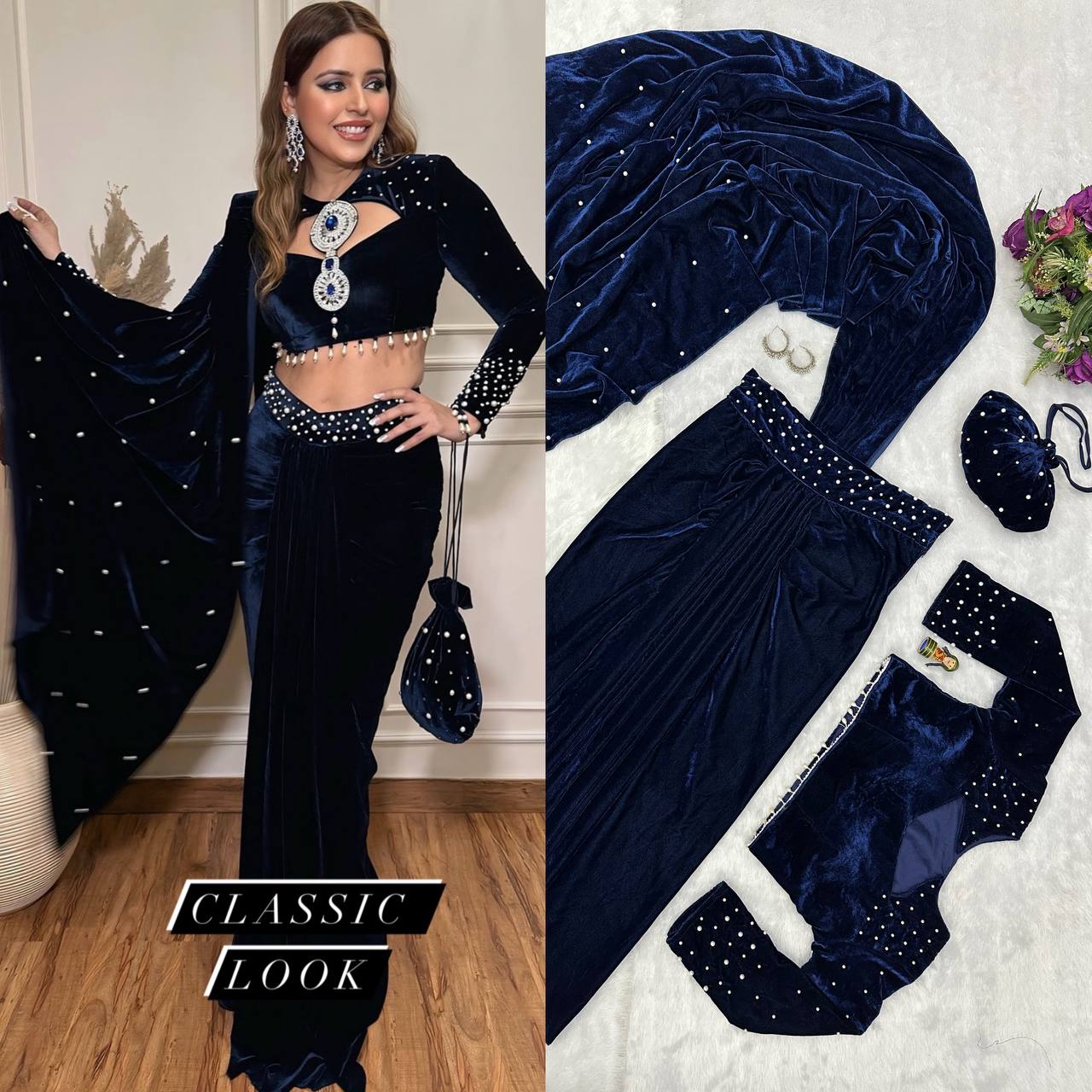 Velvet Pearl Drape Lehenga Saree – Premium Indo-Western Edition