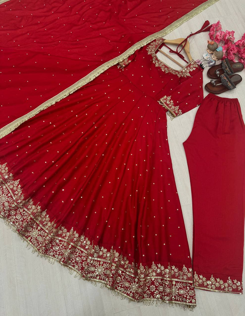 New Party Wear Vichitra Silk Anarkali Gown Set