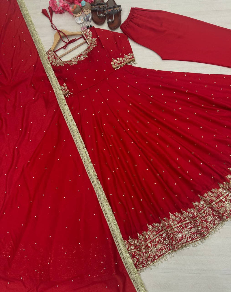 New Party Wear Vichitra Silk Anarkali Gown Set