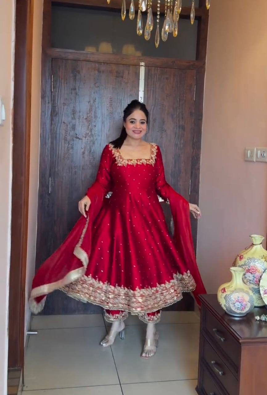 New Party Wear Vichitra Silk Anarkali Gown Set