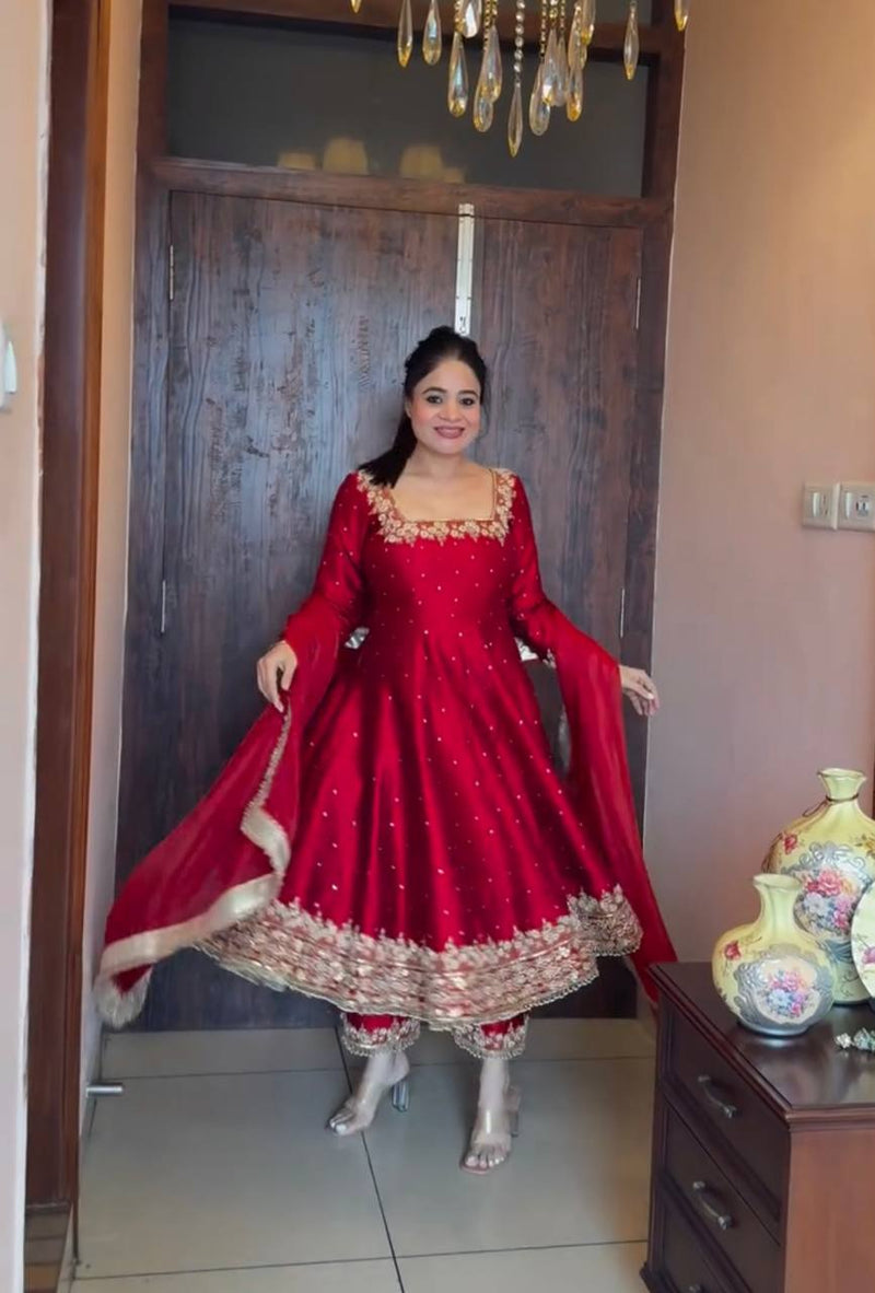 New Party Wear Vichitra Silk Anarkali Gown Set