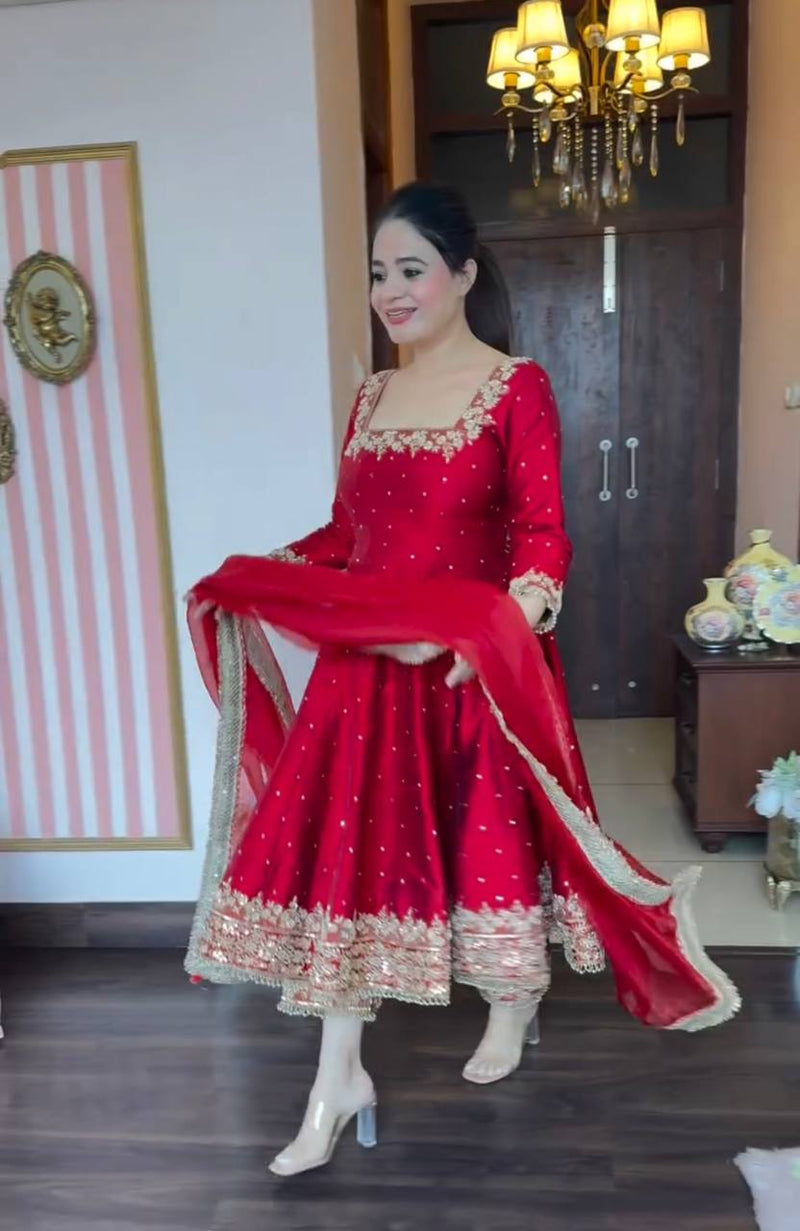 New Party Wear Vichitra Silk Anarkali Gown Set