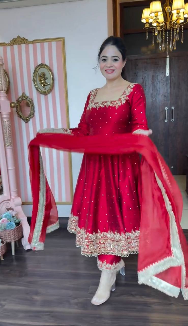 New Party Wear Vichitra Silk Anarkali Gown Set