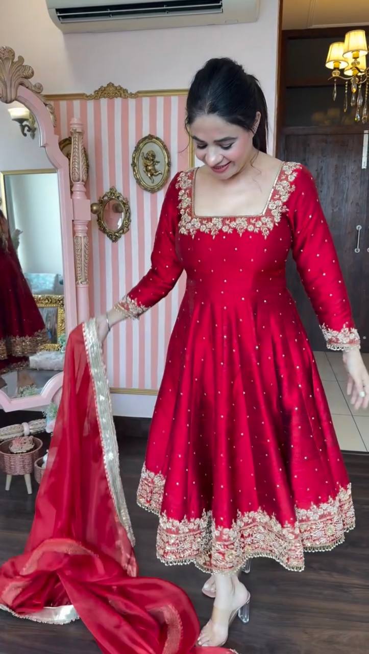 New Party Wear Vichitra Silk Anarkali Gown Set