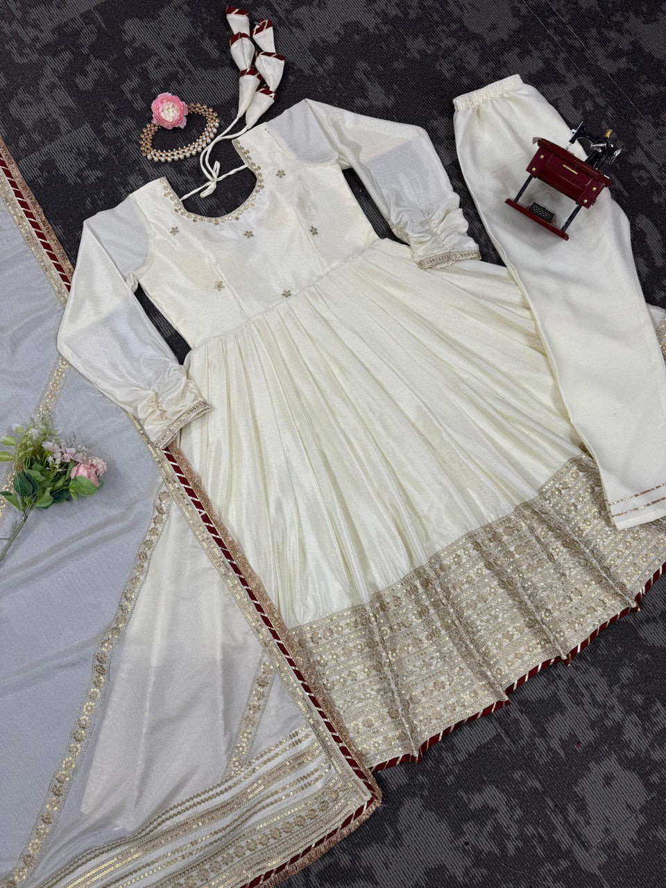DESIGNER CHINON TOP, PANT & DUPATTA SET