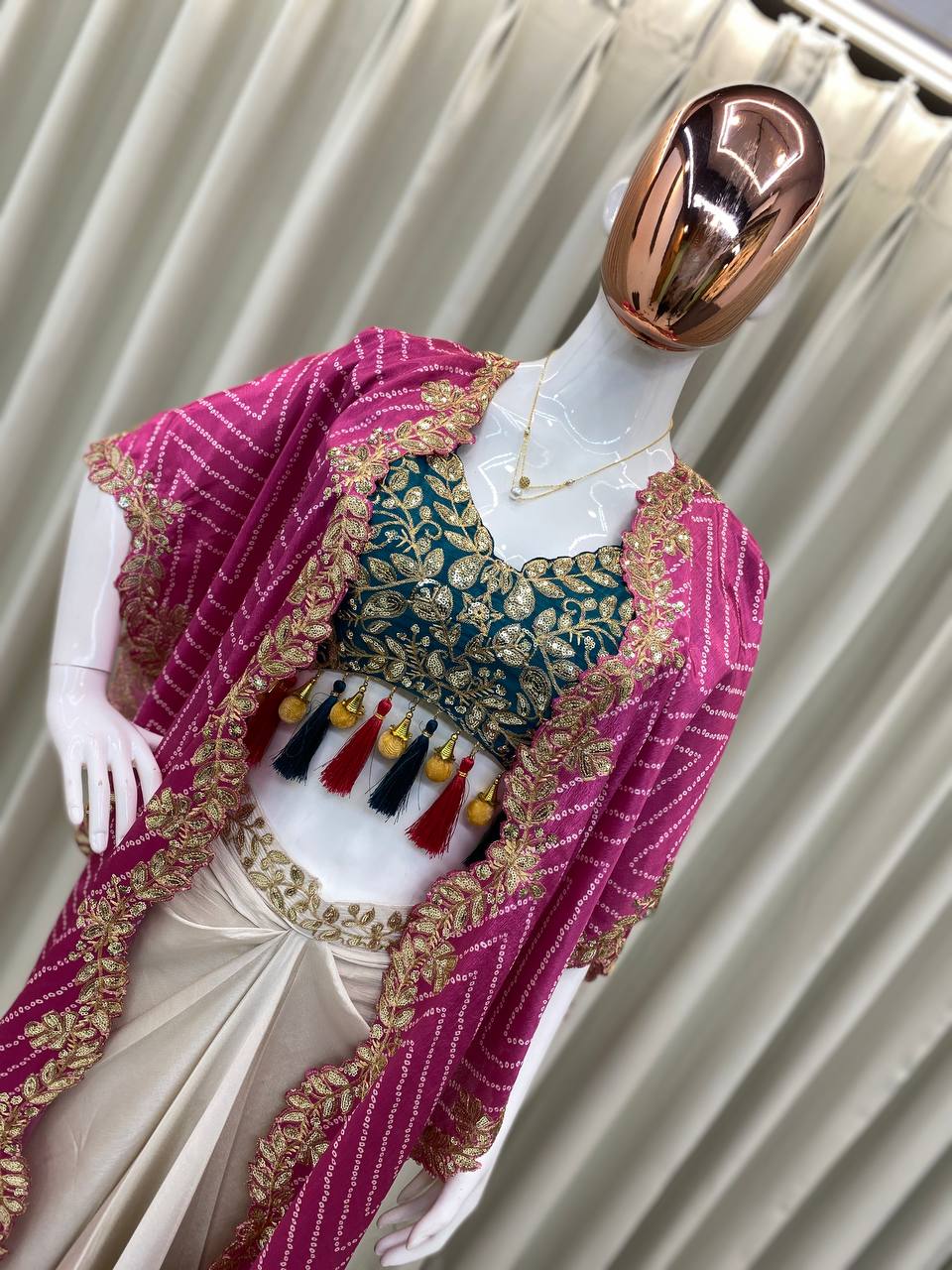 Designer Draped Skirt, Tube Blouse & Shrug