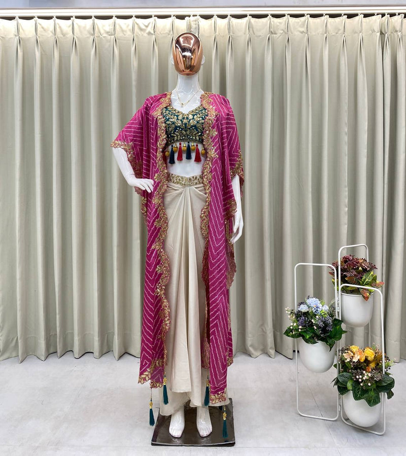 Designer Draped Skirt, Tube Blouse & Shrug