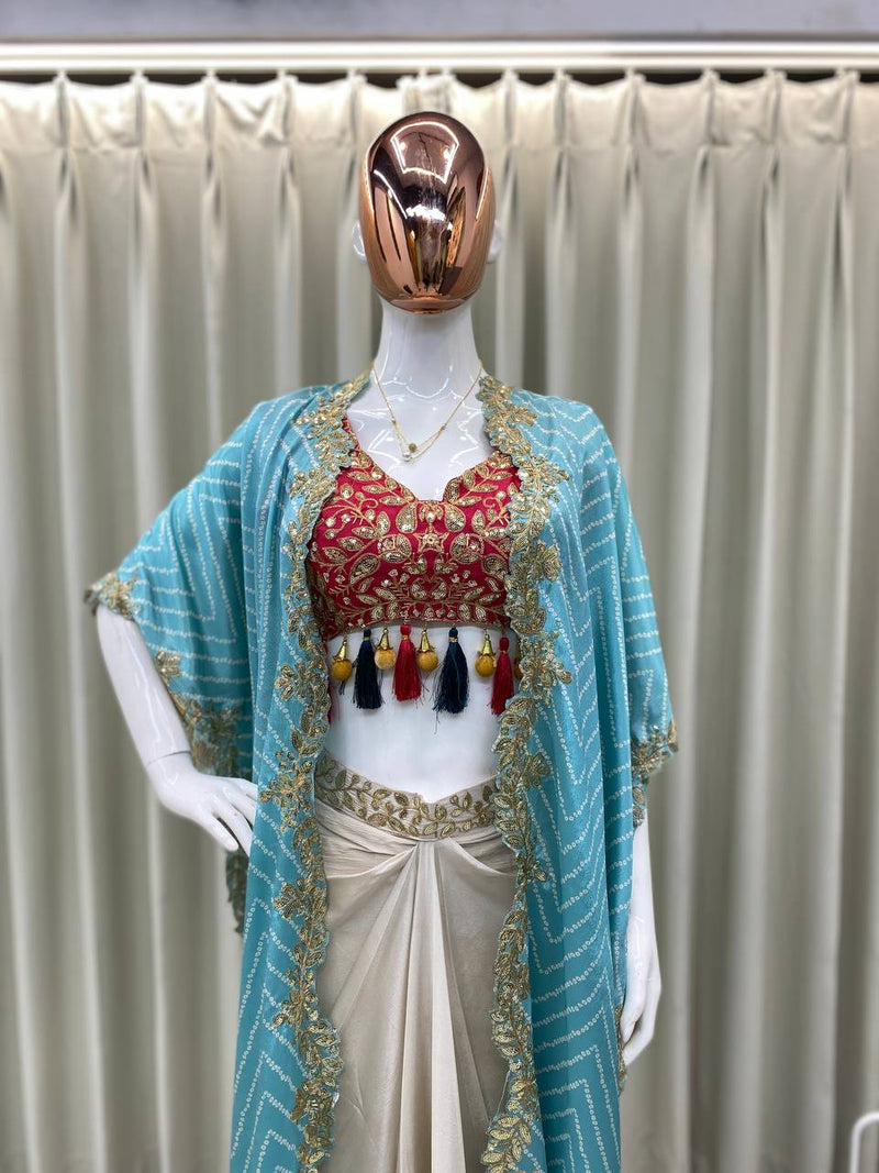 Designer Draped Skirt, Tube Blouse & Shrug