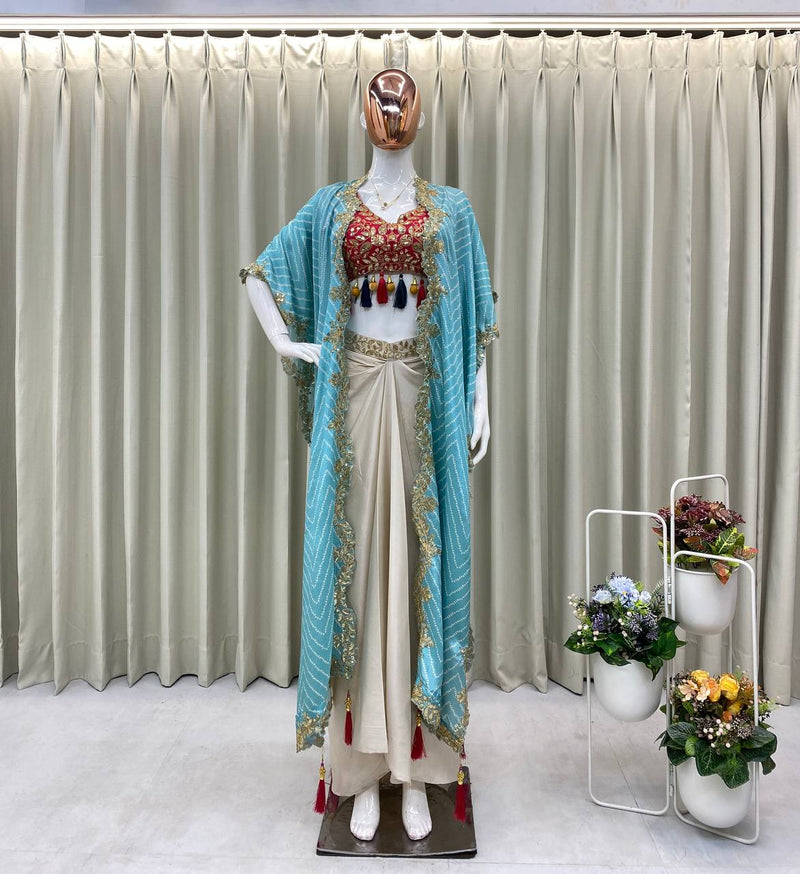 Designer Draped Skirt, Tube Blouse & Shrug