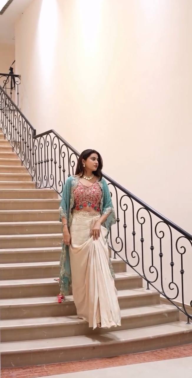 Designer Draped Skirt, Tube Blouse & Shrug