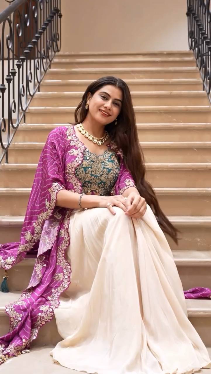 Designer Draped Skirt, Tube Blouse & Shrug