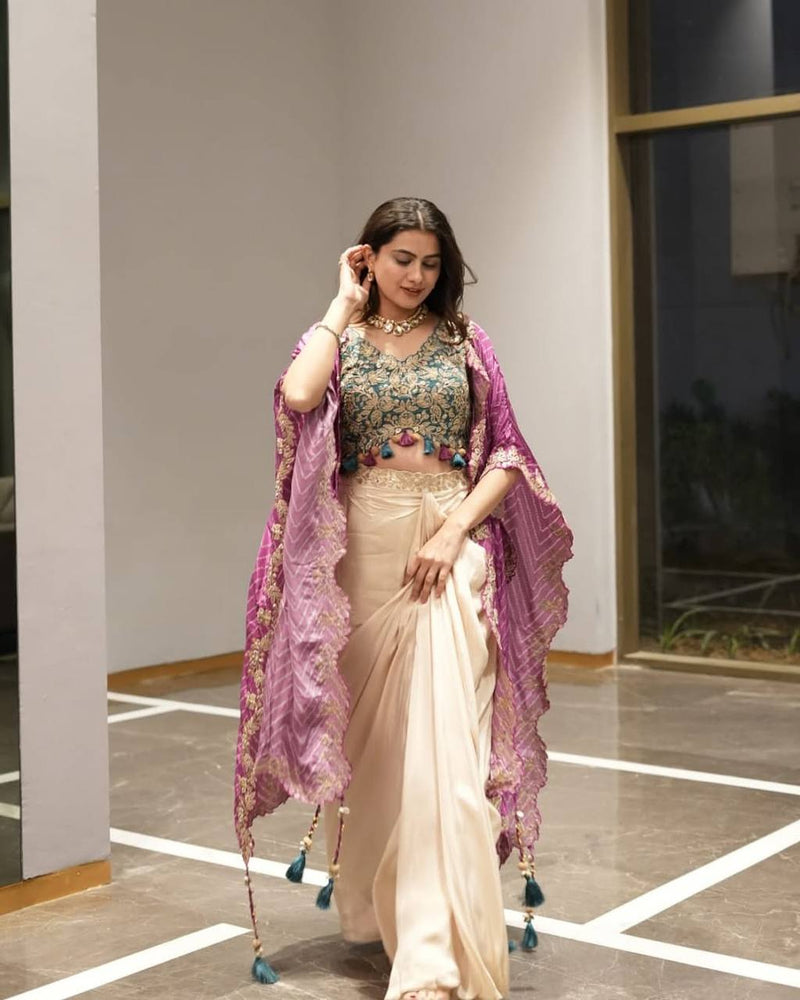 Designer Draped Skirt, Tube Blouse & Shrug