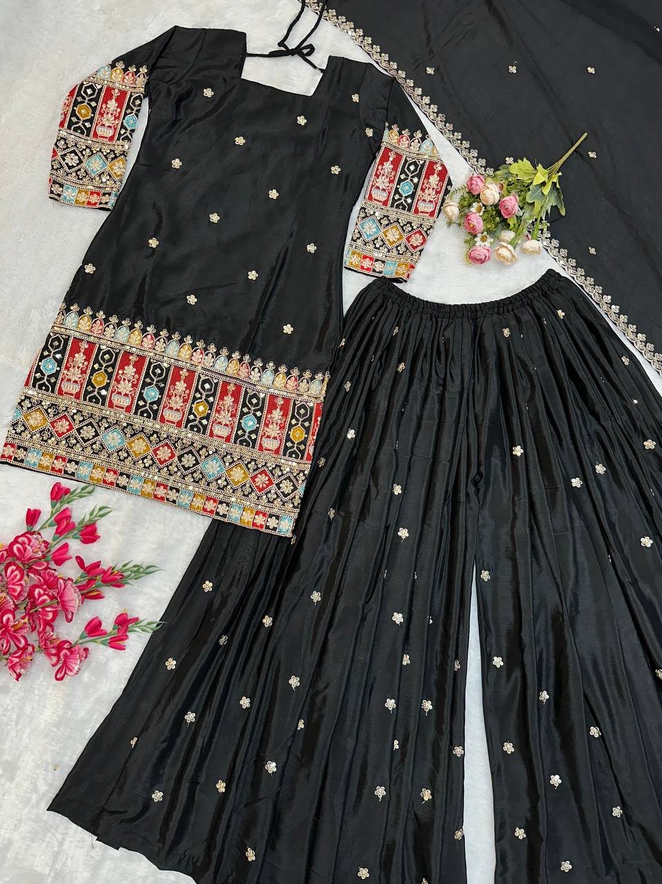 NEW DESIGNER PARTY WEAR TOP & PALAZZO SET WITH FANCY DUPATTA