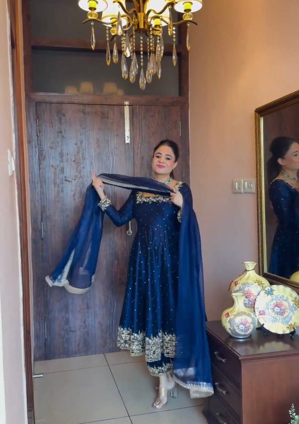 New Party Wear Vichitra Silk Anarkali Gown Set