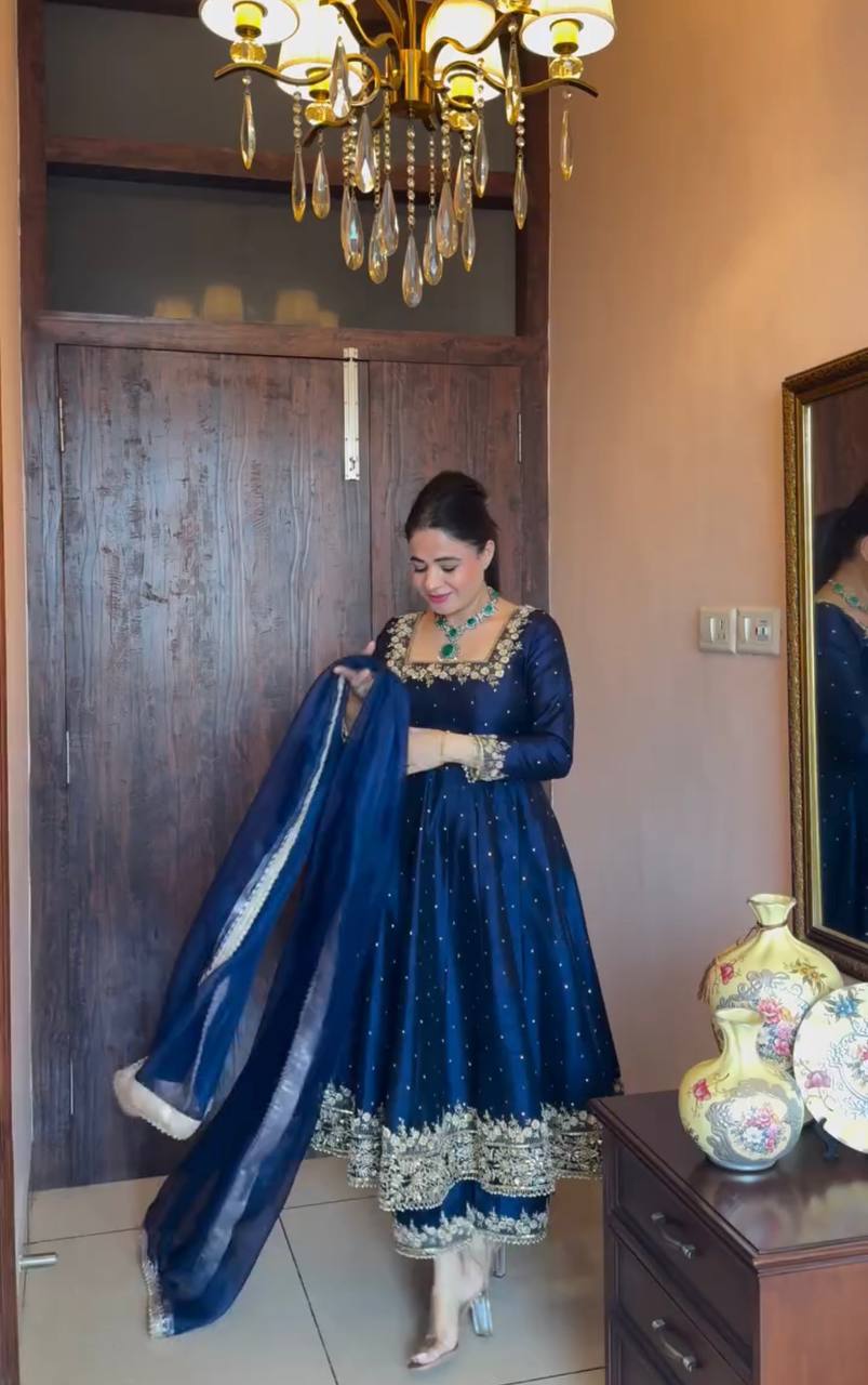 New Party Wear Vichitra Silk Anarkali Gown Set