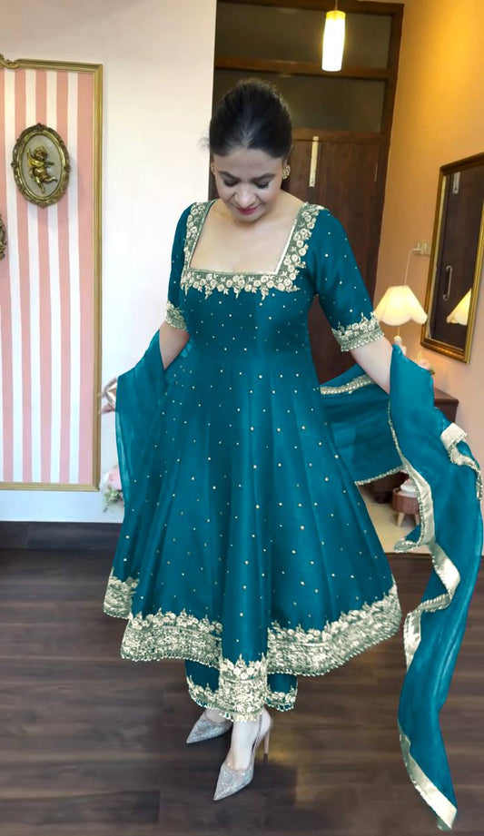 New Party Wear Vichitra Silk Anarkali Gown Set