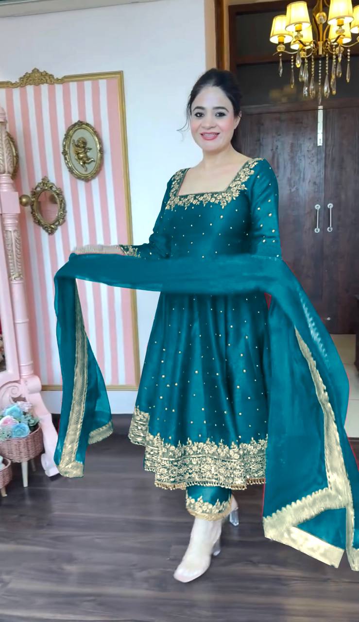 New Party Wear Vichitra Silk Anarkali Gown Set
