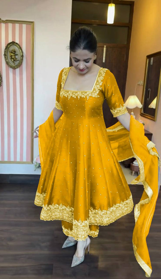 New Party Wear Vichitra Silk Anarkali Gown Set