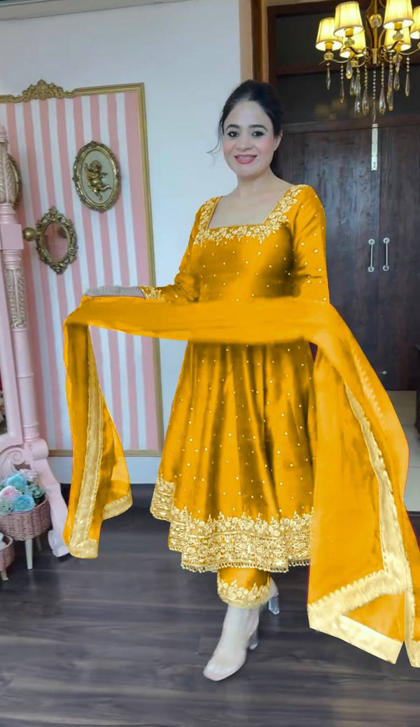 New Party Wear Vichitra Silk Anarkali Gown Set